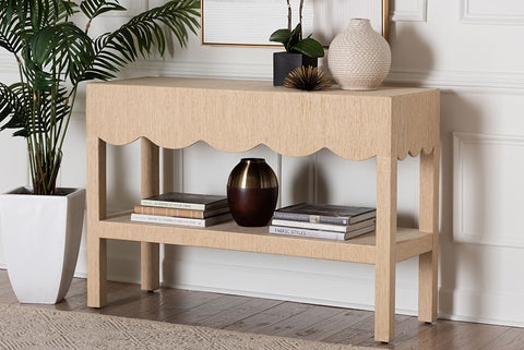 bali & pari Mason Natural Grasscloth Console Table - Two-Tier Entryway Table with Scalloped Apron, Modern Coastal Accent Table for Living Room or Hallway