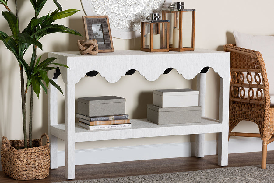 bali & pari Nolan Natural Grasscloth Console Table - Two-Tier Entryway Table with Scalloped Apron, Modern Coastal Accent Table for Living Room or Hallway