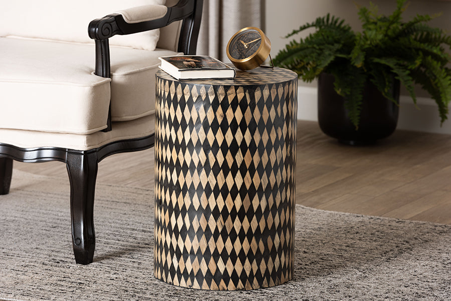 bali & pari Paulo Decorative End Table with Bamboo Diamond Pattern - Modern Accent Side Table for Living Room or Bedroom, Round