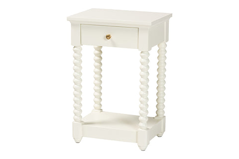 Baxton Studio Terentia Nightstand with Bobbin Legs - 1-Drawer Bedroom Side Table with Storage Shelf, White