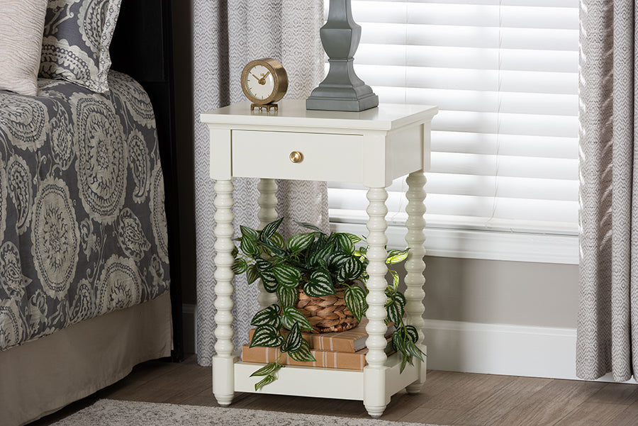 Baxton Studio Terentia Nightstand with Bobbin Legs - 1-Drawer Bedroom Side Table with Storage Shelf, White