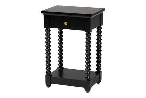 Baxton Studio Terentia Nightstand with Bobbin Legs - 1-Drawer Bedroom Side Table with Storage Shelf, Black