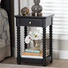 Baxton Studio Terentia Nightstand with Bobbin Legs - 1-Drawer Bedroom Side Table with Storage Shelf, Black