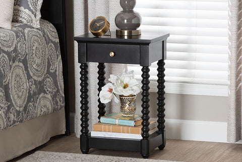 Baxton Studio Terentia Nightstand with Bobbin Legs - 1-Drawer Bedroom Side Table with Storage Shelf, Black