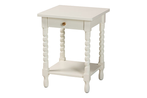 Baxton Studio Niklas Nightstand with Twisted Legs - 1-Drawer Bedroom Side Table with Storage Shelf, White