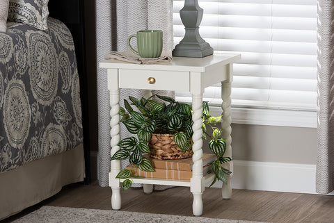 Baxton Studio Niklas Nightstand with Twisted Legs - 1-Drawer Bedroom Side Table with Storage Shelf, White