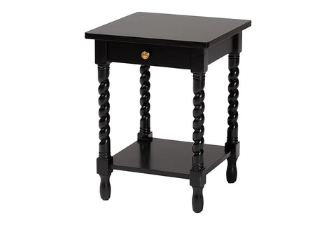 Baxton Studio Niklas Nightstand with Twisted Legs - 1-Drawer Bedroom Side Table with Storage Shelf, Black