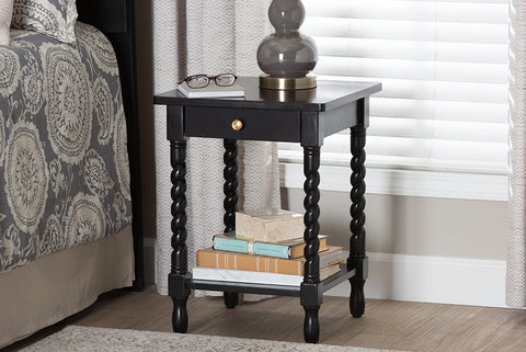 Baxton Studio Niklas Nightstand with Twisted Legs - 1-Drawer Bedroom Side Table with Storage Shelf, Black