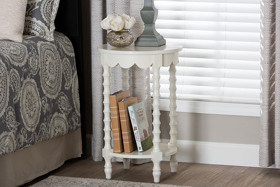 Baxton Studio Sally Round Nightstand with Bamboo Inspired Legs - Scalloped Bedroom Side Table with Open Shelf, White