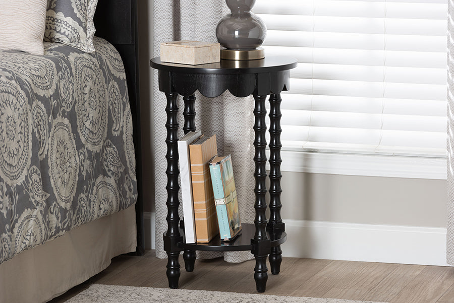 Baxton Studio Sally Round Nightstand with Bamboo Inspired Legs - Scalloped Bedroom Side Table with Open Shelf, Black