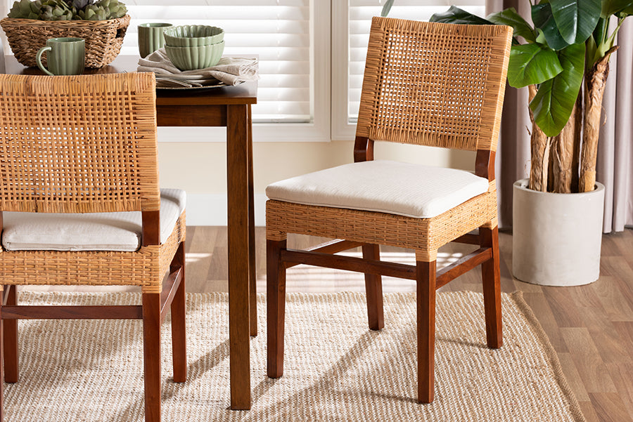 bali & pari Lesia Natural Rattan Dining Chair with Cushion - Handwoven Wicker Side Chair with Mahogany Wood Frame, Coastal Boho Style Seating for Kitchen or Dining Room