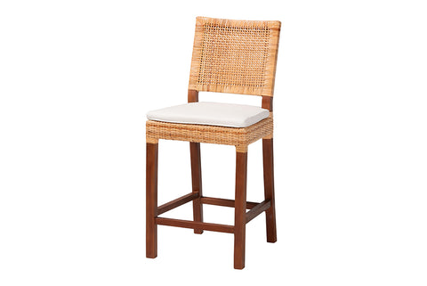 bali & pari Lesia Natural Rattan Counter Stool with Cushion - Handwoven Wicker Stool with Mahogany Wood Frame, Coastal Boho Style for Kitchen Island or Bar Seating