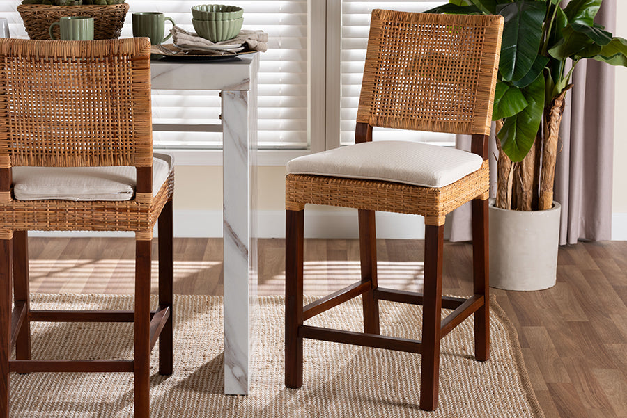 bali & pari Lesia Natural Rattan Counter Stool with Cushion - Handwoven Wicker Stool with Mahogany Wood Frame, Coastal Boho Style for Kitchen Island or Bar Seating
