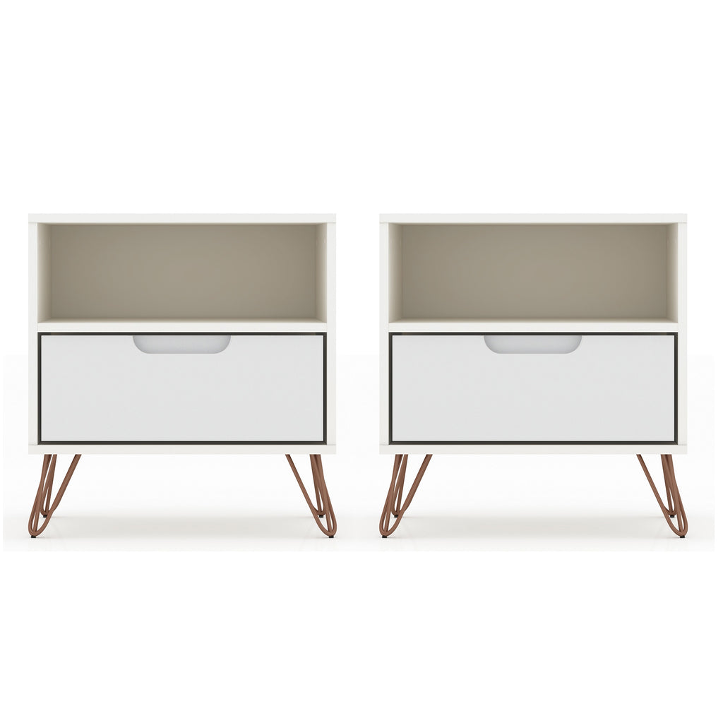 Manhattan Comfort Rockefeller Mid-Century Modern 20" Nightstand in White (1-Drawer) - Set of 2