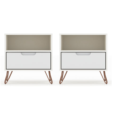 Manhattan Comfort Rockefeller Mid-Century Modern 20" Nightstand in White (1-Drawer) - Set of 2