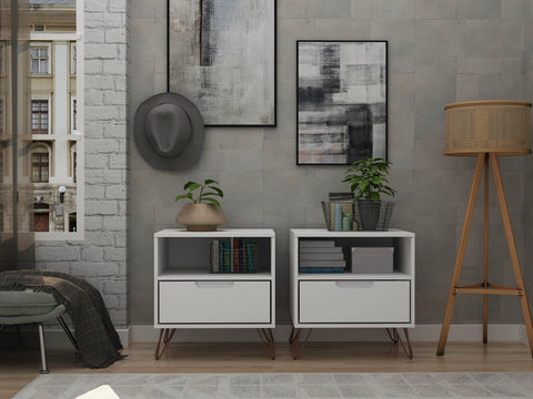 Manhattan Comfort Rockefeller Mid-Century Modern 20" Nightstand in White (1-Drawer) - Set of 2