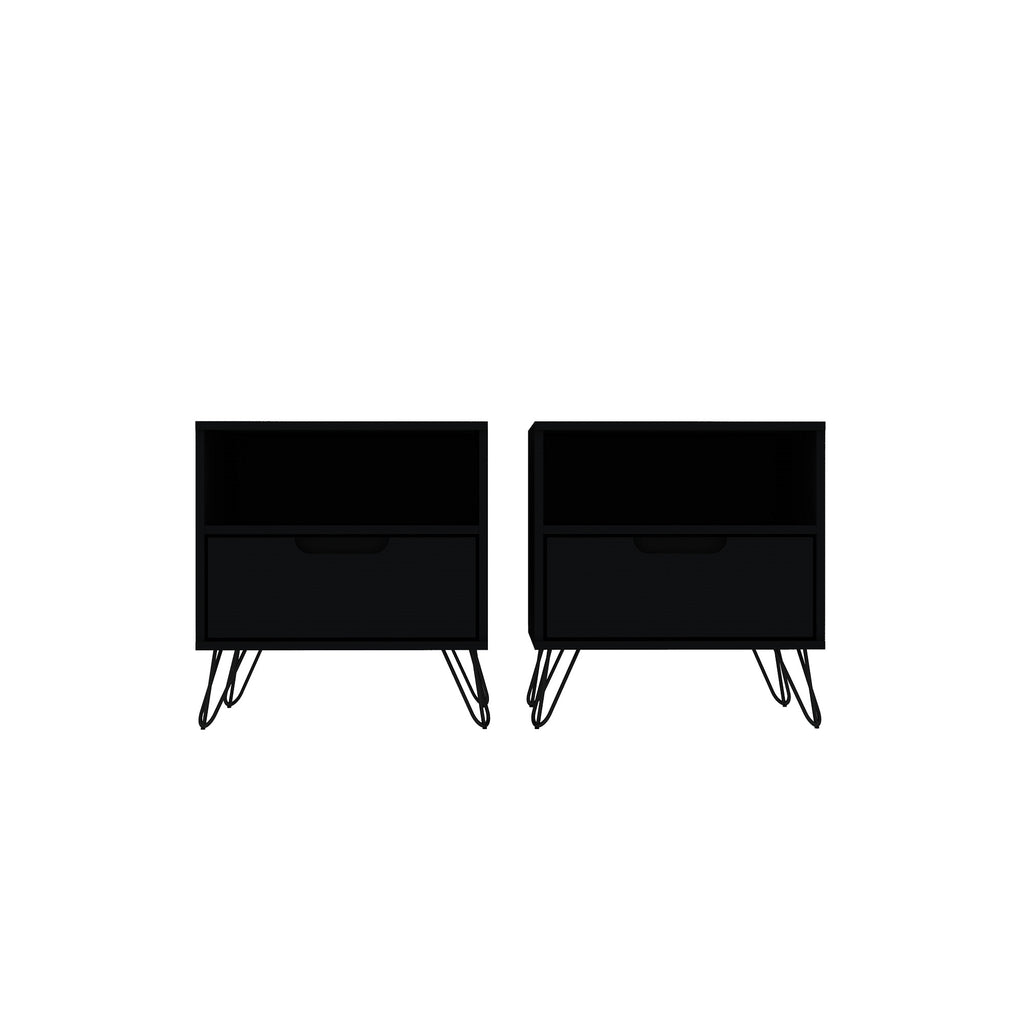 Manhattan Comfort Rockefeller Mid-Century Modern 20" Nightstand in Black (1-Drawer) - Set of 2