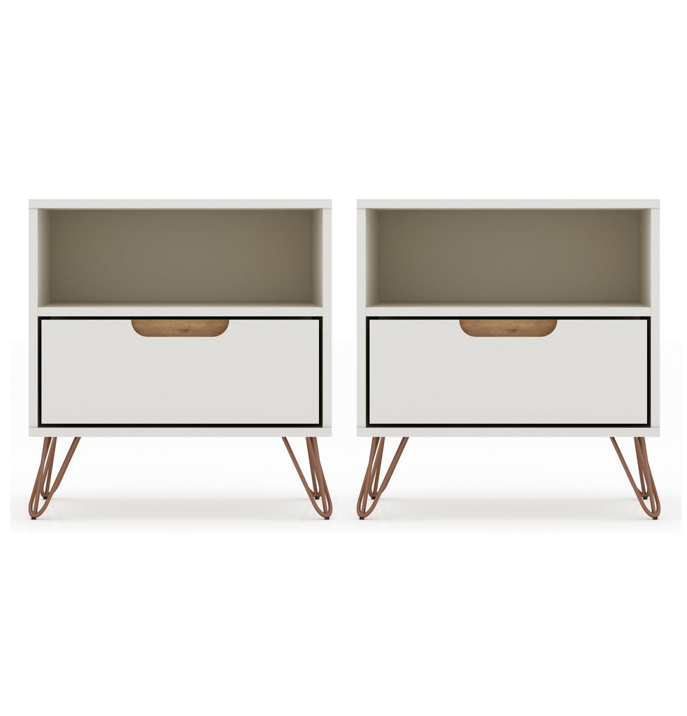 Manhattan Comfort Rockefeller Mid-Century Modern 20" Nightstand in Off White (1-Drawer) - Set of 2