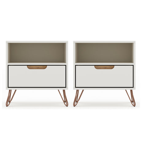Manhattan Comfort Rockefeller Mid-Century Modern 20" Nightstand in Off White (1-Drawer) - Set of 2