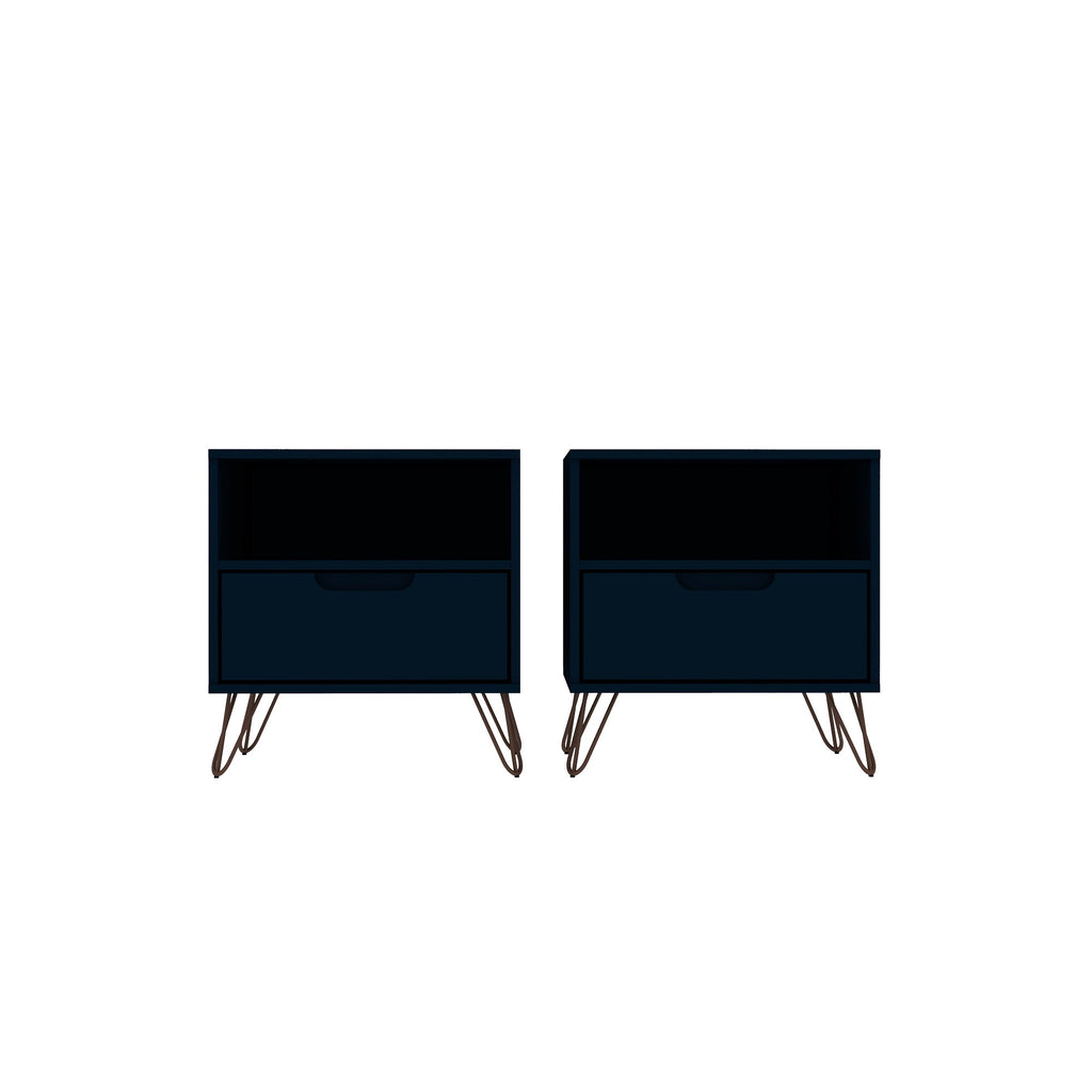 Manhattan Comfort Rockefeller Mid-Century Modern 20" Nightstand in Midnight Blue (1-Drawer) - Set of 2