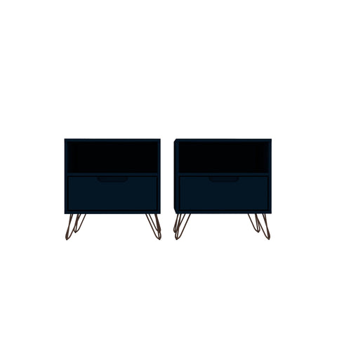 Manhattan Comfort Rockefeller Mid-Century Modern 20" Nightstand in Midnight Blue (1-Drawer) - Set of 2