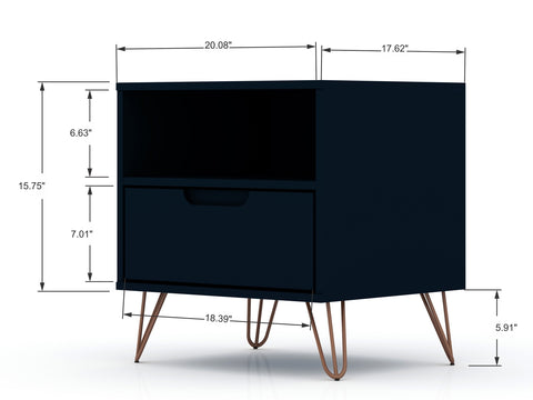 Manhattan Comfort Rockefeller Mid-Century Modern 20" Nightstand in Midnight Blue (1-Drawer) - Set of 2