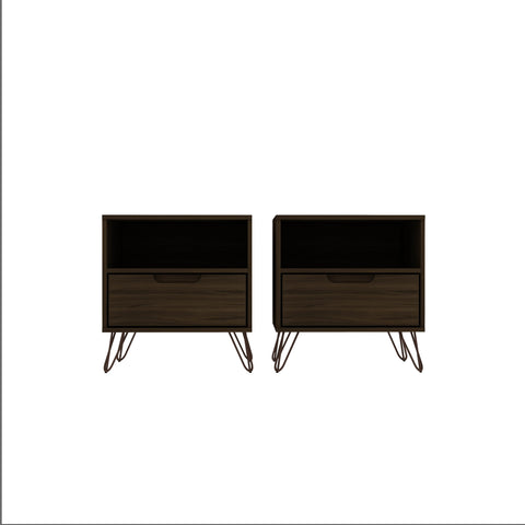 Manhattan Comfort Rockefeller Mid-Century Modern 20" Nightstand in Chestnut Brown (1-Drawer) - Set of 2
