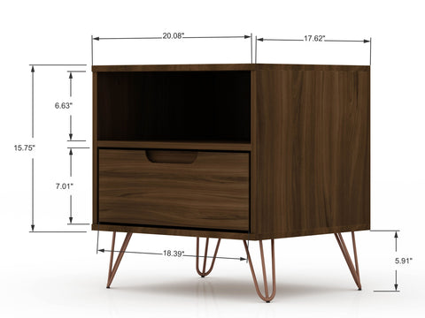 Manhattan Comfort Rockefeller Mid-Century Modern 20" Nightstand in Chestnut Brown (1-Drawer) - Set of 2