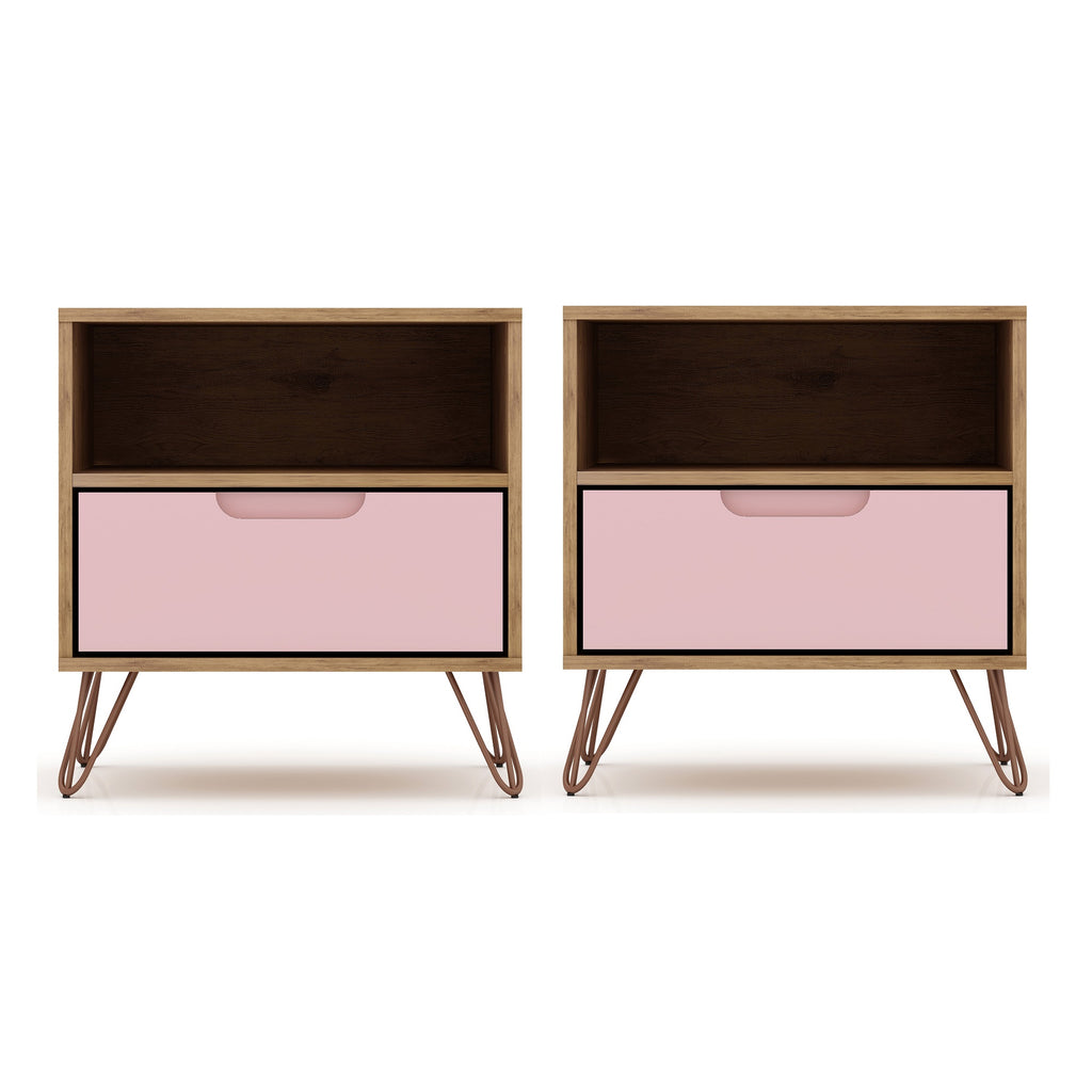 Manhattan Comfort Rockefeller Mid-Century Modern 20" Nightstand in Pink (1-Drawer) - Set of 2