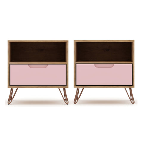 Manhattan Comfort Rockefeller Mid-Century Modern 20" Nightstand in Pink (1-Drawer) - Set of 2
