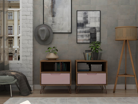Manhattan Comfort Rockefeller Mid-Century Modern 20" Nightstand in Pink (1-Drawer) - Set of 2