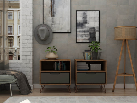 Manhattan Comfort Rockefeller Mid-Century Modern 20" Nightstand in Gray (1-Drawer) - Set of 2
