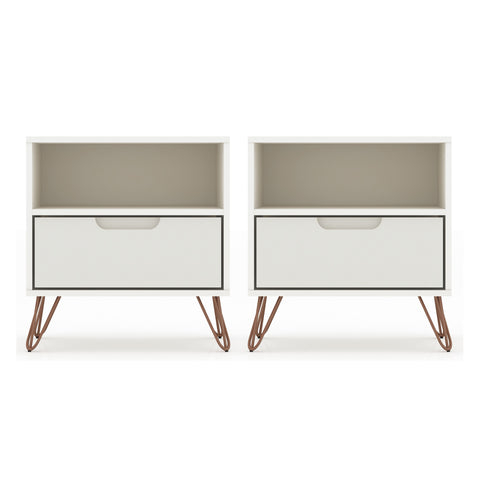 Manhattan Comfort Rockefeller Mid-Century Modern 20" Nightstand in Off White (1-Drawer) - Set of 2