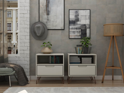 Manhattan Comfort Rockefeller Mid-Century Modern 20" Nightstand in Off White (1-Drawer) - Set of 2