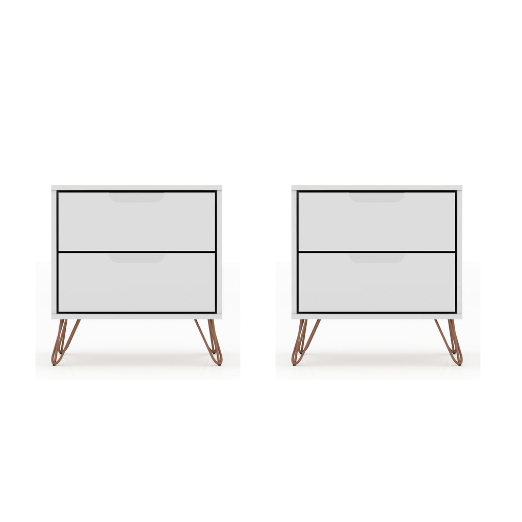Manhattan Comfort Rockefeller Mid-Century Modern 20" Nightstand in White (2-Drawer) - Set of 2