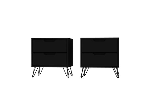 Manhattan Comfort Rockefeller Mid-Century Modern 20" Nightstand in Black (2-Drawer) - Set of 2