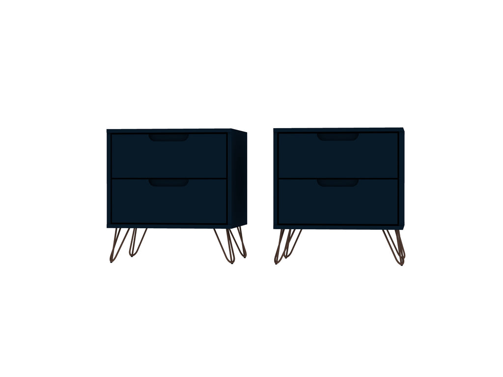 Manhattan Comfort Rockefeller Mid-Century Modern 20" Nightstand in Midnight Blue (2-Drawer) - Set of 2