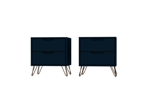 Manhattan Comfort Rockefeller Mid-Century Modern 20" Nightstand in Midnight Blue (2-Drawer) - Set of 2
