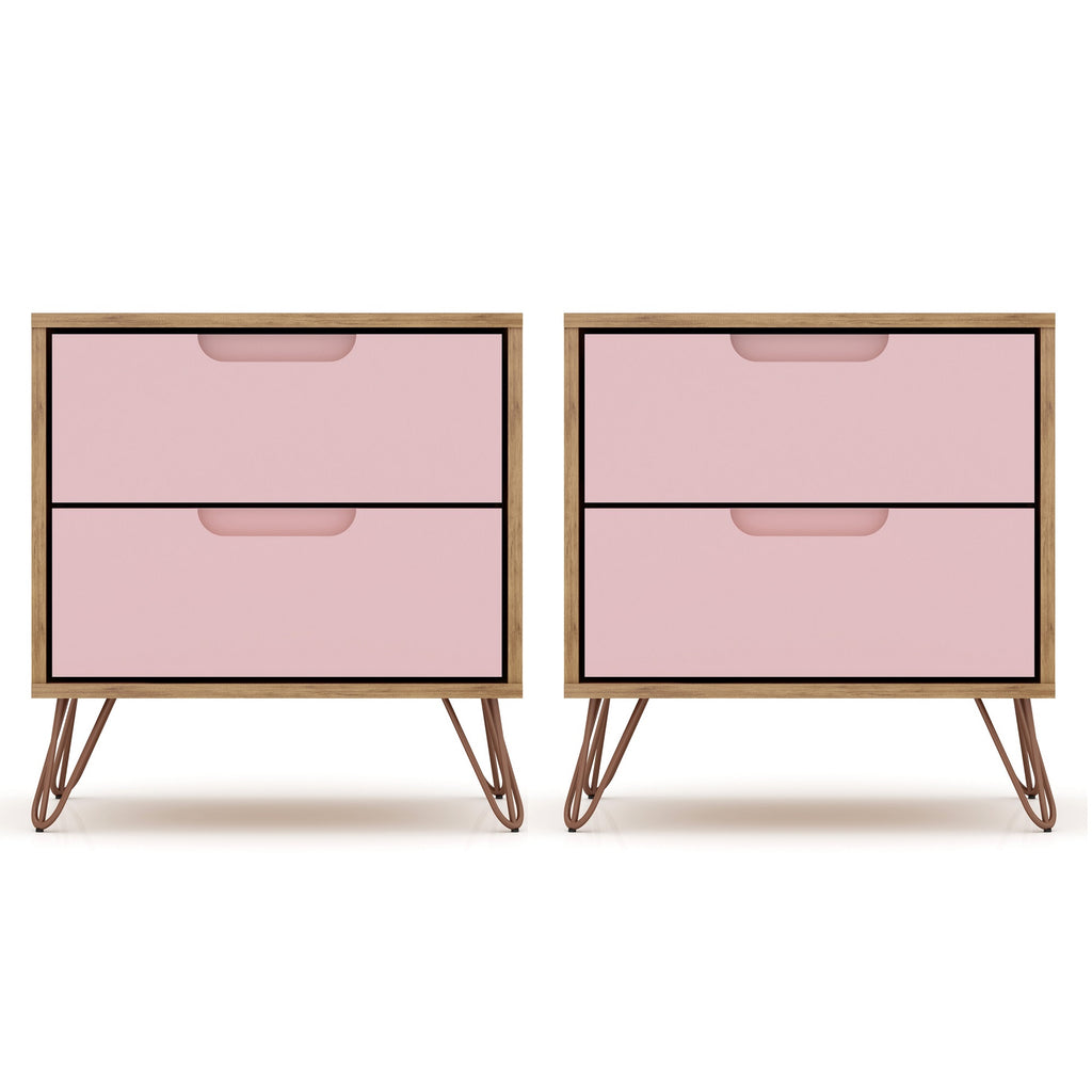 Manhattan Comfort Rockefeller Mid-Century Modern 20" Nightstand in Pink (2-Drawer) - Set of 2