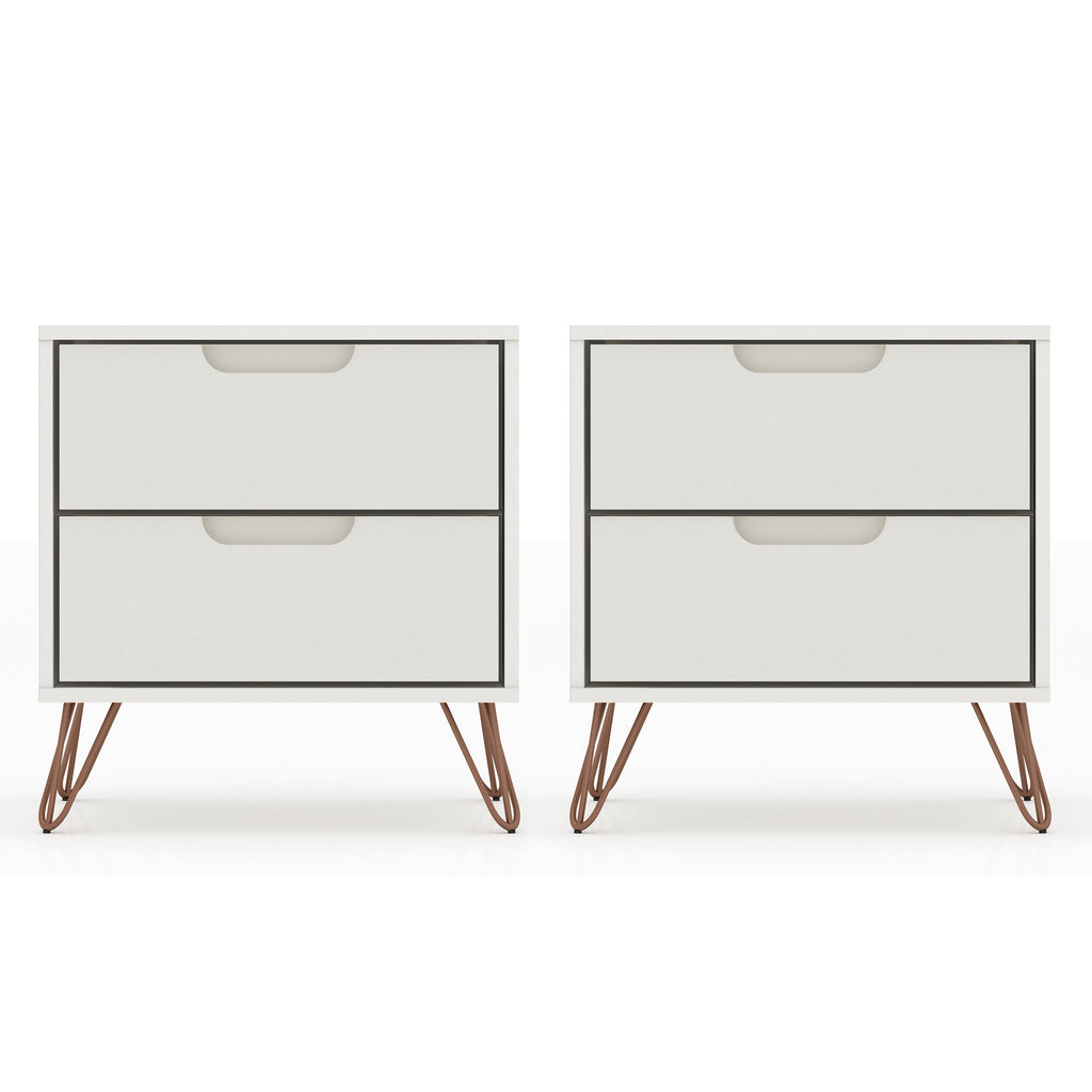 Manhattan Comfort Rockefeller Mid-Century Modern 20" Nightstand in Off White (2-Drawer) - Set of 2
