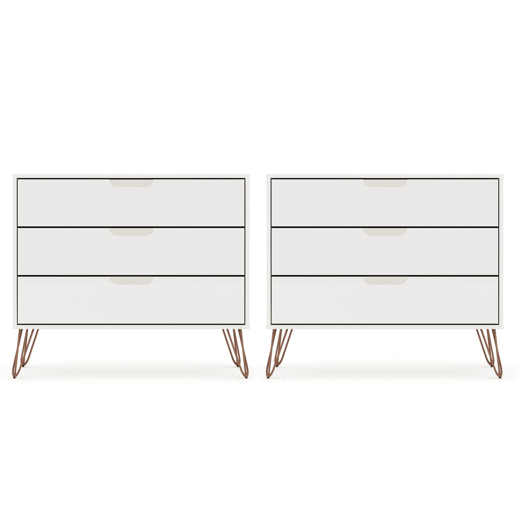Manhattan Comfort Rockefeller Mid-Century Modern 35" Dresser in White (3-Drawer) - Set of 2
