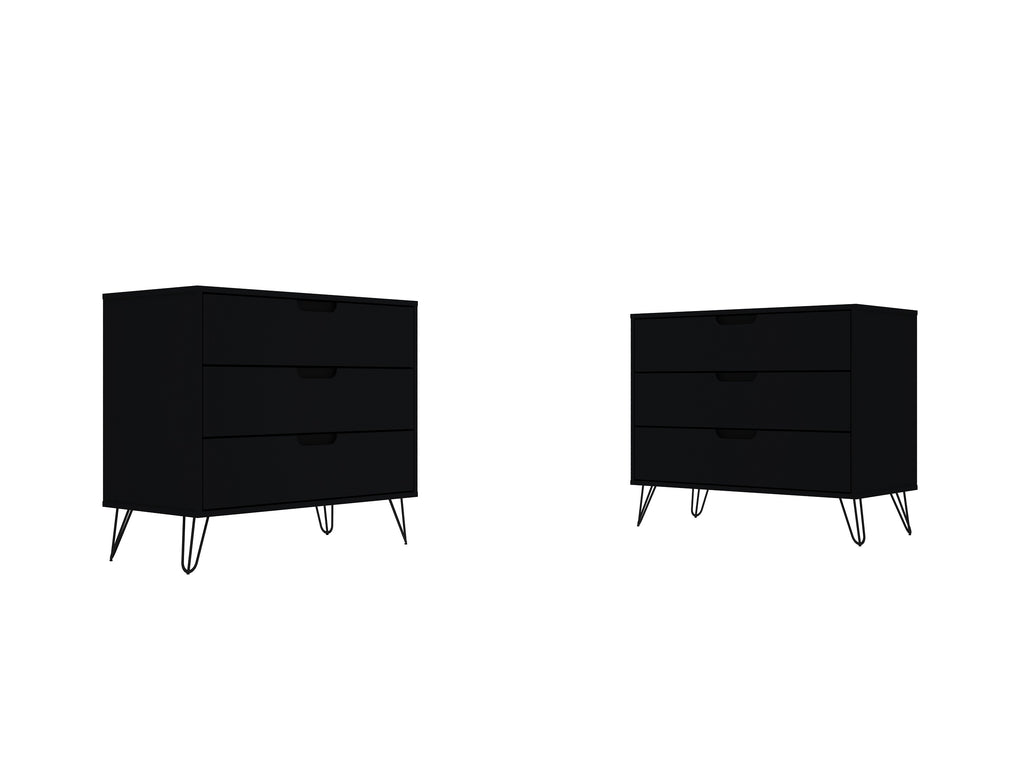 Manhattan Comfort Rockefeller Mid-Century Modern 35" Dresser in Black (3-Drawer) - Set of 2