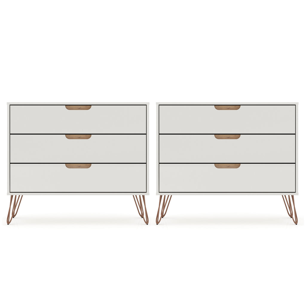 Manhattan Comfort Rockefeller Mid-Century Modern 35" Dresser in Off White (3-Drawer) - Set of 2