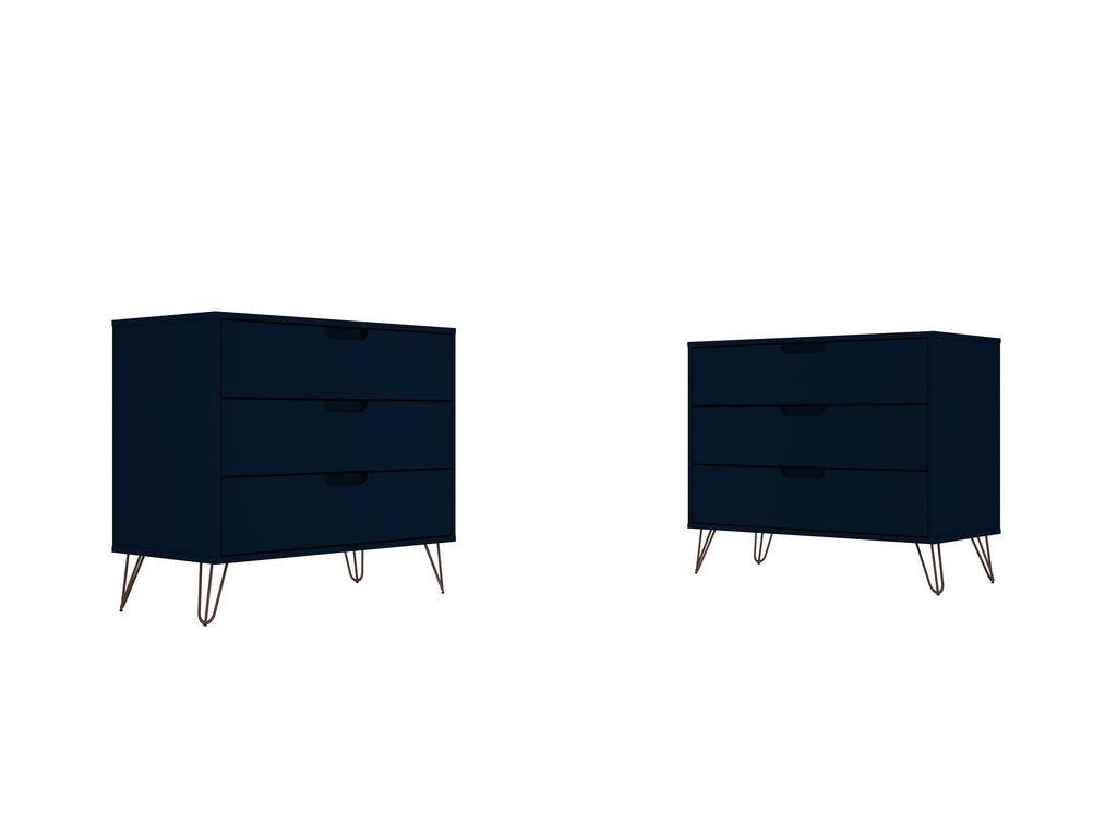 Manhattan Comfort Rockefeller Mid-Century Modern 35" Dresser in Midnight Blue (3-Drawer) - Set of 2