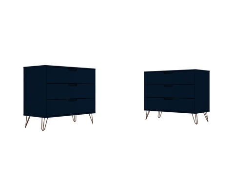 Manhattan Comfort Rockefeller Mid-Century Modern 35" Dresser in Midnight Blue (3-Drawer) - Set of 2