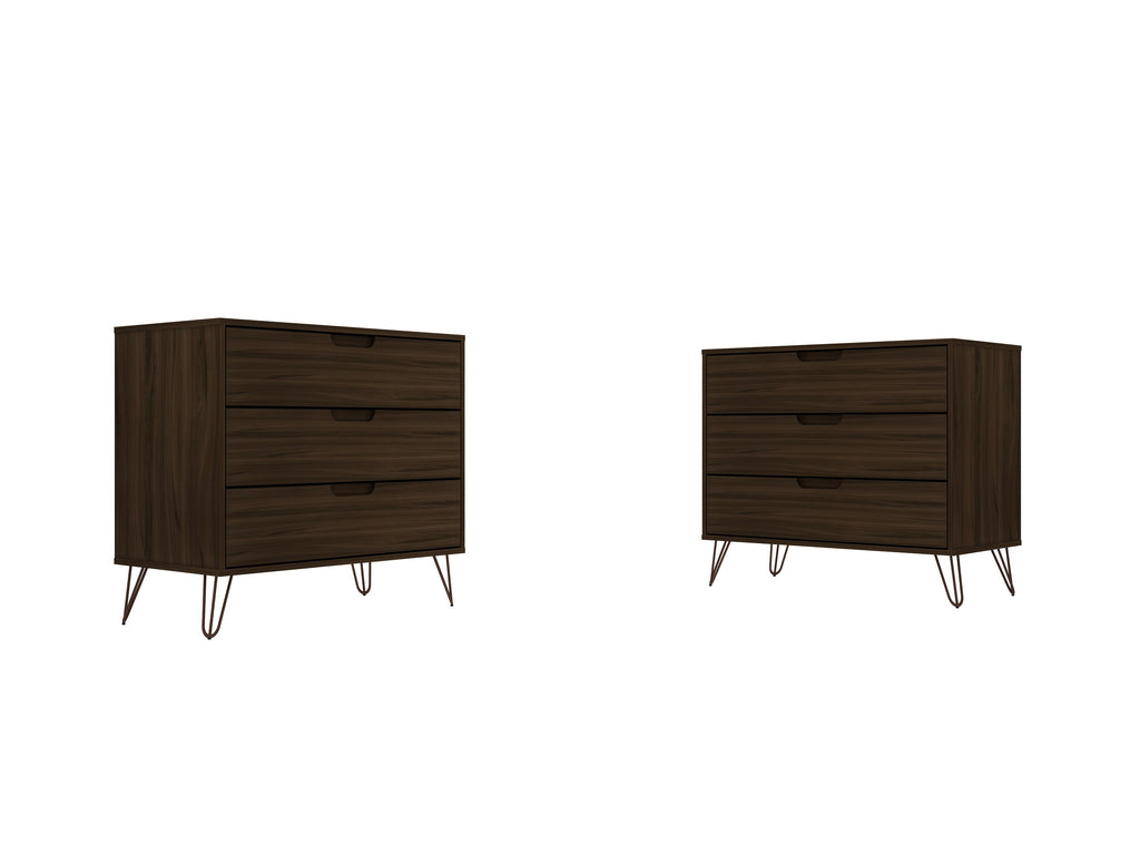 Manhattan Comfort Rockefeller Mid-Century Modern 35" Dresser in Chestnut Brown (3-Drawer) - Set of 2
