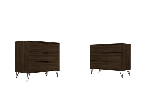 Manhattan Comfort Rockefeller Mid-Century Modern 35" Dresser in Chestnut Brown (3-Drawer) - Set of 2