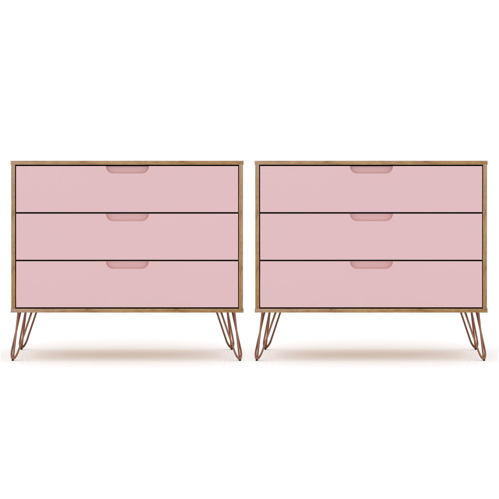 Manhattan Comfort Rockefeller Mid-Century Modern 35" Dresser in Pink (3-Drawer) - Set of 2
