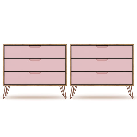 Manhattan Comfort Rockefeller Mid-Century Modern 35" Dresser in Pink (3-Drawer) - Set of 2