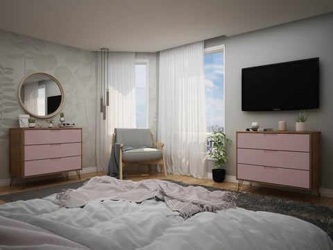 Manhattan Comfort Rockefeller Mid-Century Modern 35" Dresser in Pink (3-Drawer) - Set of 2